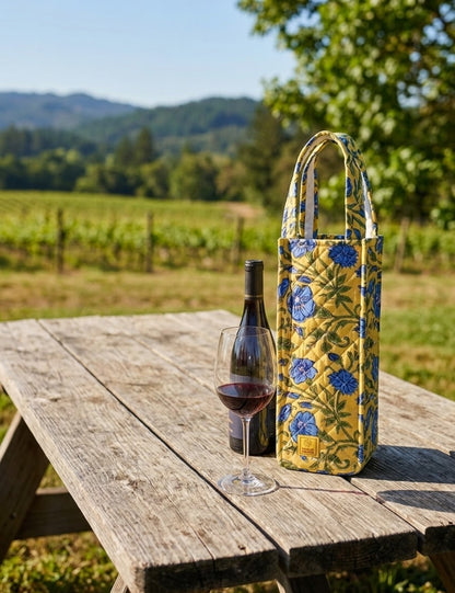 House of Mulmul - Quilted Wine Tote Bags. A yellow wine tote bag with a blue floral pattern sits on a rustic wooden table outdoors, next to a bottle of red wine and a filled wine glass, with a vineyard and hills in the background.