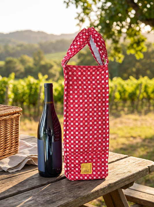 House of Mulmul - Quilted Wine Tote Bag. A red and white gingham wine tote bag stands on a wooden picnic table outdoors, next to a dark wine bottle. The background shows a blurred vineyard landscape with green hills and trees under warm sunlight.