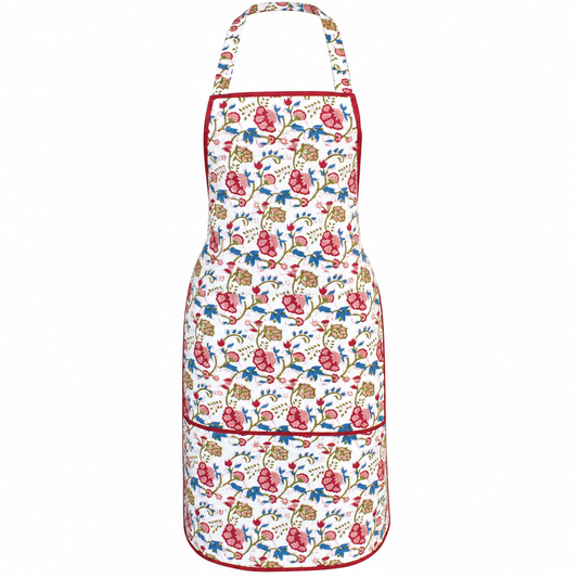 House of Mulmul - Blockprint Cotton Apron. A white kitchen apron with a colorful floral and botanical print, featuring red piping and a matching neck strap, shown against a plain white background.