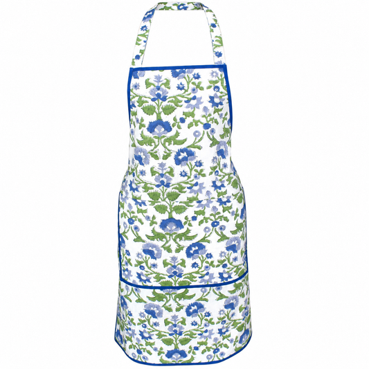 House of Mulmul - Blockprint Cotton Apron. A white apron with a blue and green floral pattern, featuring a neck strap and a front pocket, shown against a plain white background.