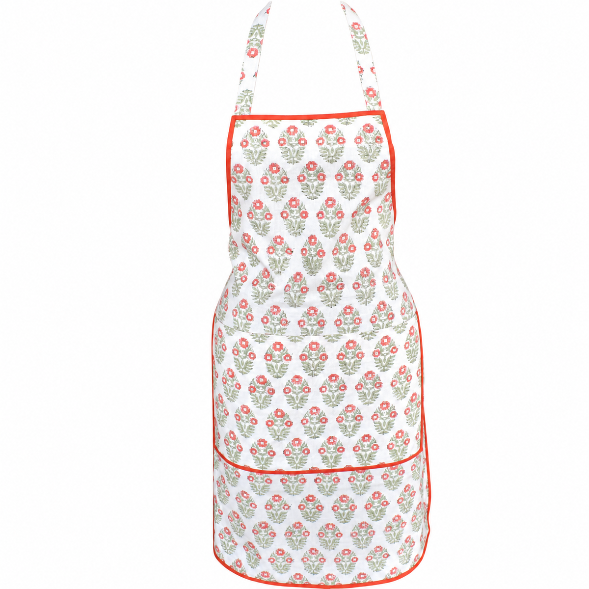 House of Mulmul - Blockprint Cotton Apron. A white apron with a repeating green and orange floral block print pattern and orange trim, shown against a plain white background.