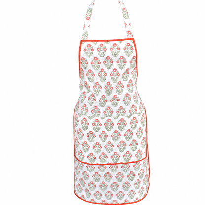House of Mulmul - Blockprint Cotton Apron. A white apron with a repeating green and orange floral block print pattern and orange trim, shown against a plain white background.