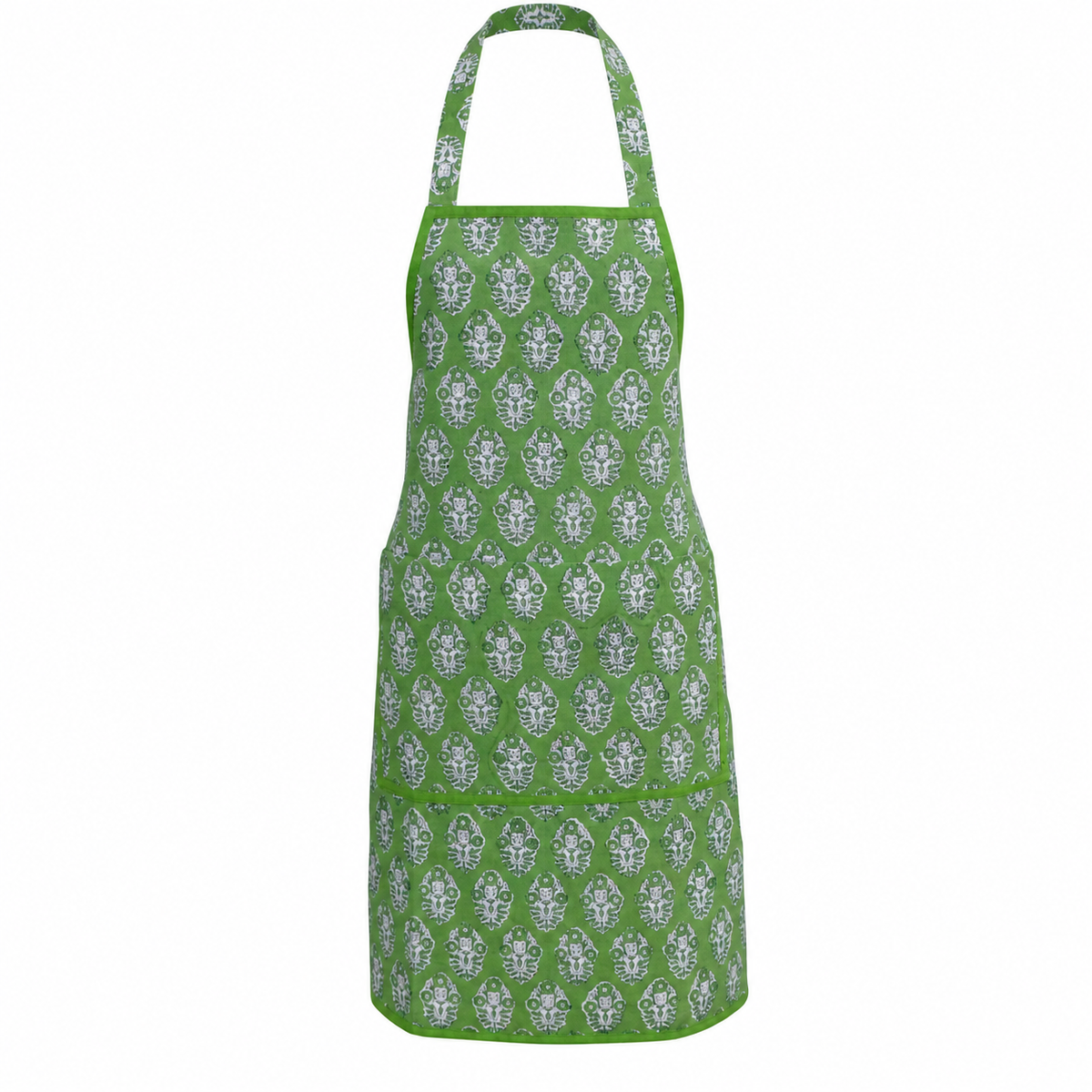 House of Mulmul - Blockprint Cotton Apron. A green apron with a repeating white damask pattern, featuring a neck strap and a front pocket, shown against a plain white background.