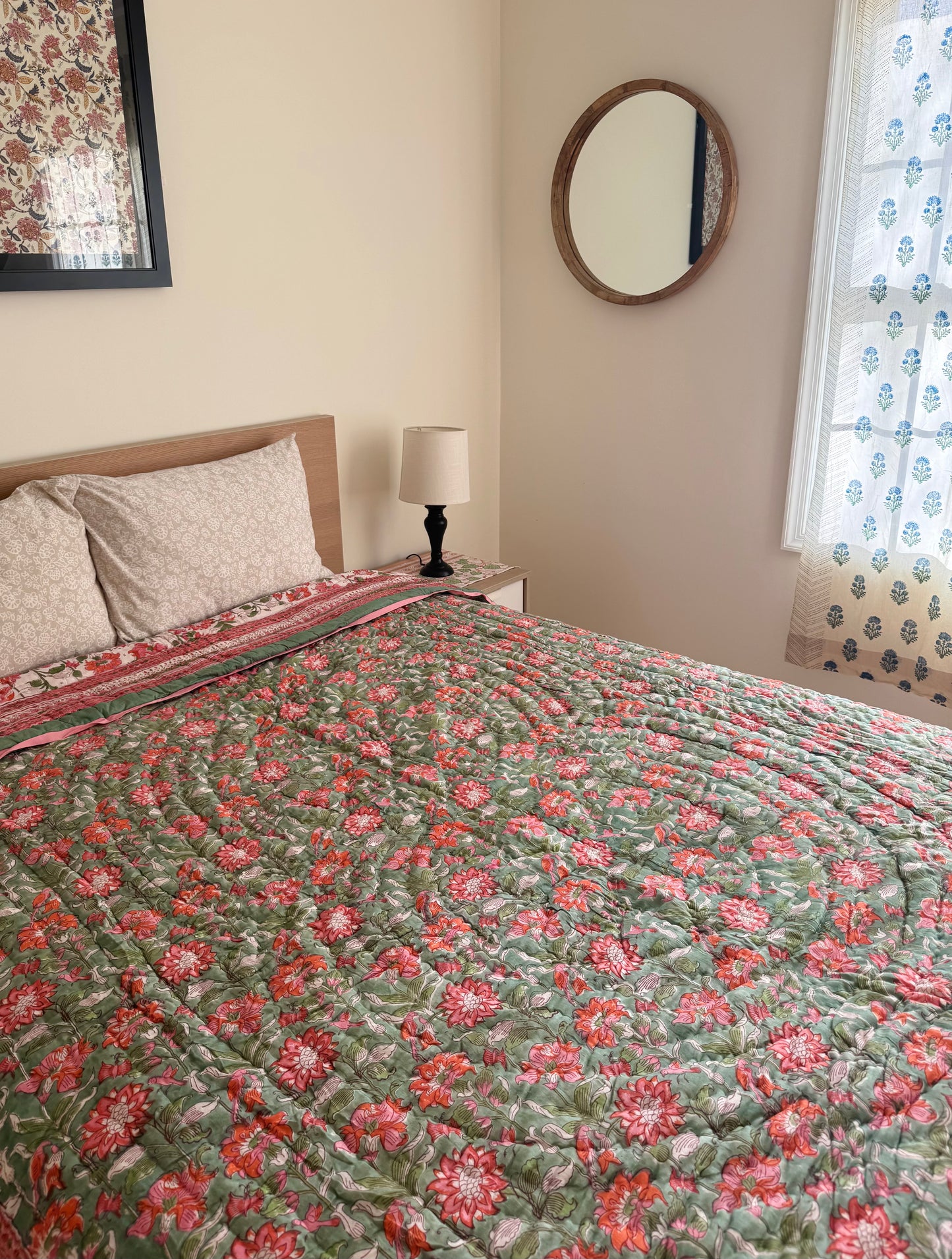 Anjum Sage and Beige Reversible All Season Quilt (Handblock printed)
