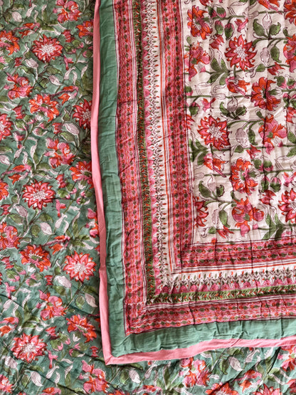Anjum Sage and Beige Reversible All Season Quilt (Handblock printed)