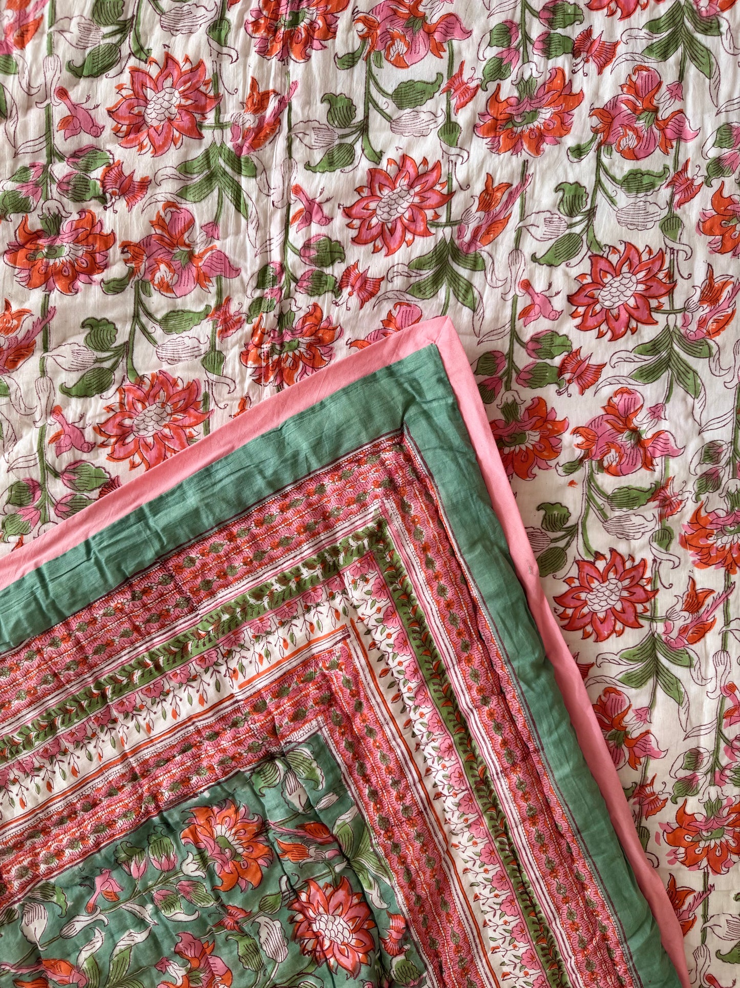 Anjum Sage and Beige Reversible All Season Quilt (Handblock printed)