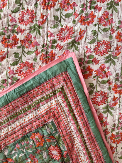 Anjum Sage and Beige Reversible All Season Quilt (Handblock printed)