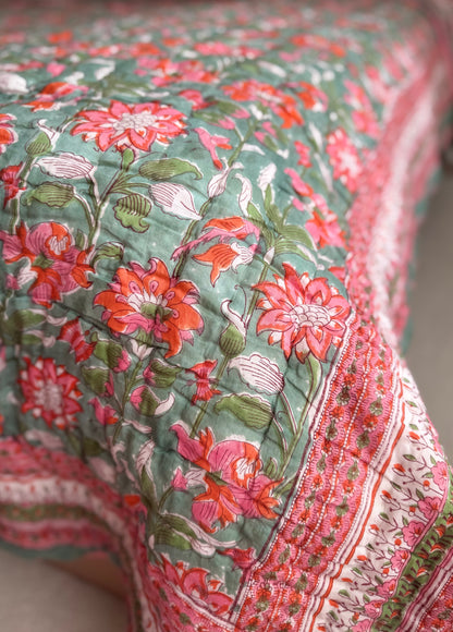 Anjum Sage and Beige Reversible All Season Quilt (Handblock printed)