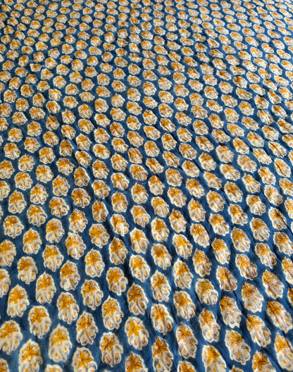 Zaffre & Gold - Blockprinted Reversible All Season Cotton Twin-Single Quilt - Blue Yellow White