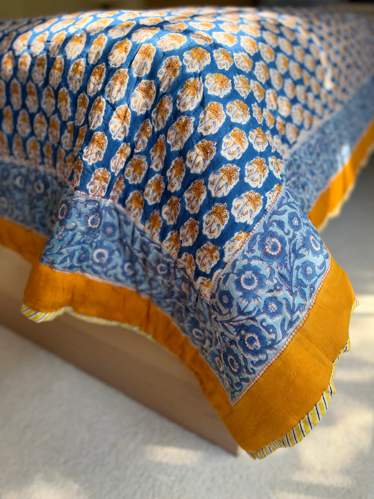 Zaffre & Gold - Blockprinted Reversible All Season Cotton Twin-Single Quilt - Blue Yellow White