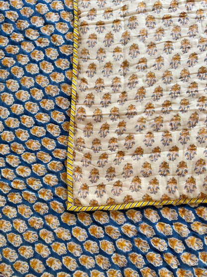 Zaffre & Gold - Blockprinted Reversible All Season Cotton Twin-Single Quilt - Blue Yellow White