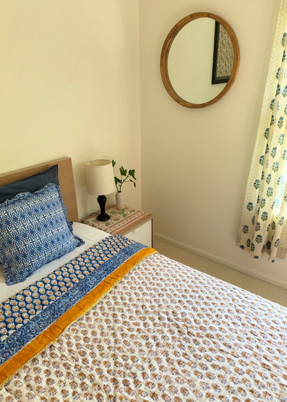 Zaffre & Gold - Blockprinted Reversible All Season Cotton Twin-Single Quilt - Blue Yellow White