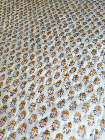 Zaffre & Gold - Blockprinted Reversible All Season Cotton Twin-Single Quilt - Blue Yellow White
