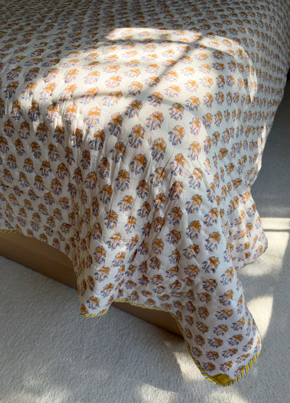 Zaffre & Gold - Blockprinted Reversible All Season Cotton Twin-Single Quilt - Blue Yellow White
