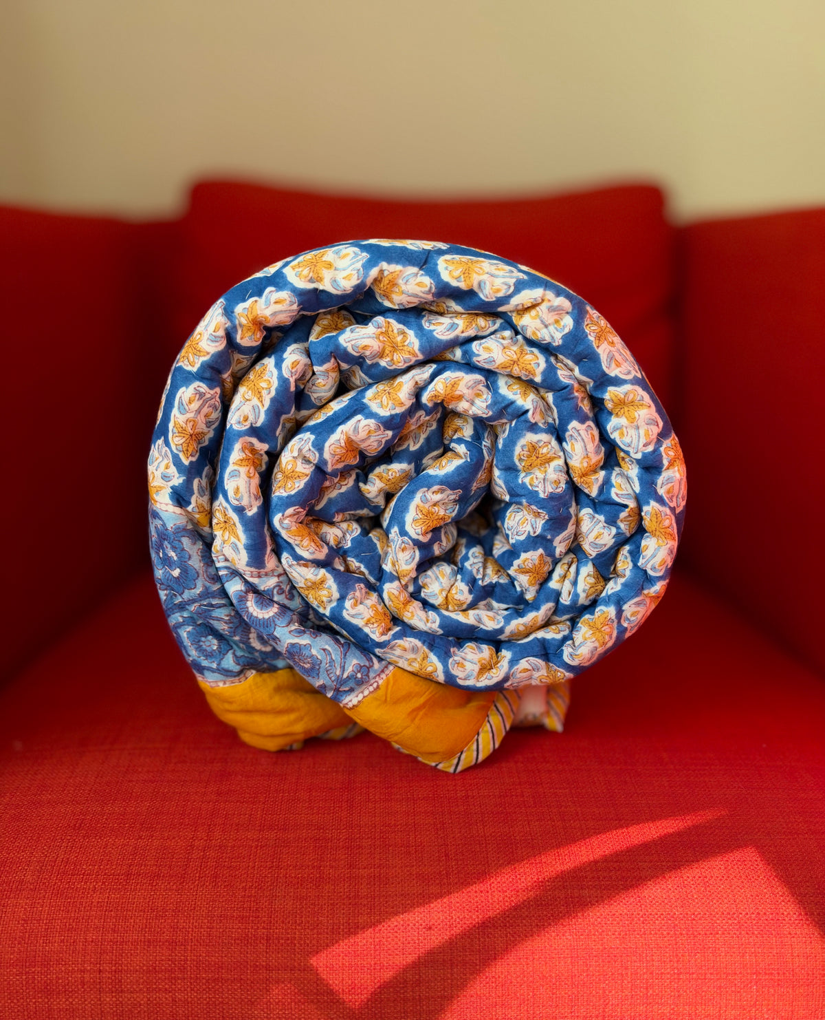 Zaffre & Gold - Blockprinted Reversible All Season Cotton Twin-Single Quilt - Blue Yellow White