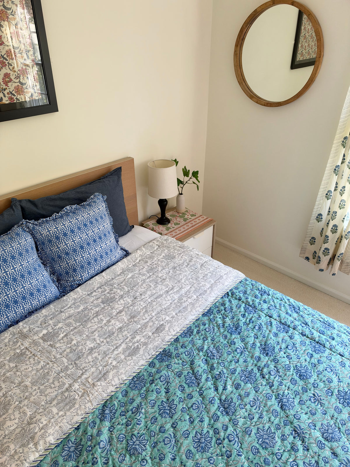 The Oasis - Blockprinted Reversible All Season Cotton King Quilt - Blue Green Beige