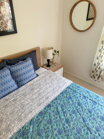 The Oasis - Blockprinted Reversible All Season Cotton King Quilt - Blue Green Beige
