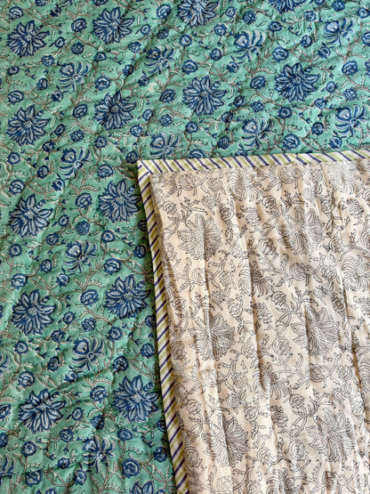 The Oasis - Blockprinted Reversible All Season Cotton King Quilt - Blue Green Beige