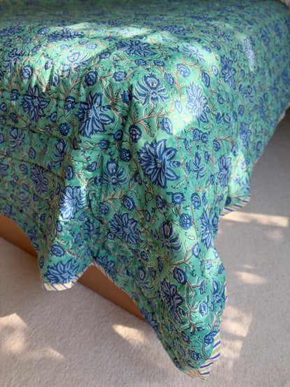 The Oasis - Blockprinted Reversible All Season Cotton King Quilt - Blue Green Beige
