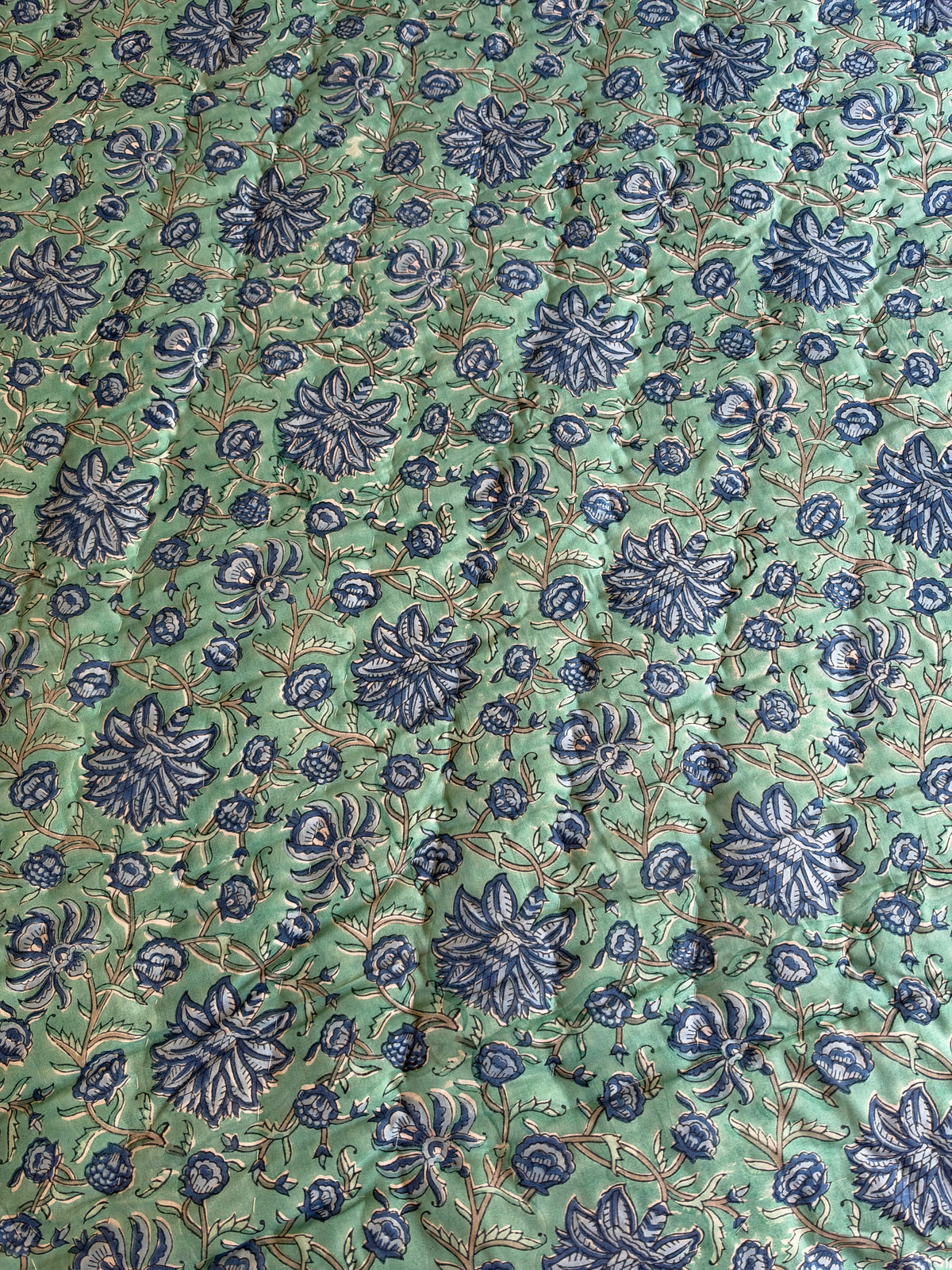 The Oasis - Blockprinted Reversible All Season Cotton King Quilt - Blue Green Beige