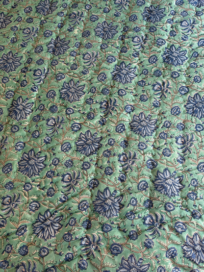 The Oasis - Blockprinted Reversible All Season Cotton King Quilt - Blue Green Beige