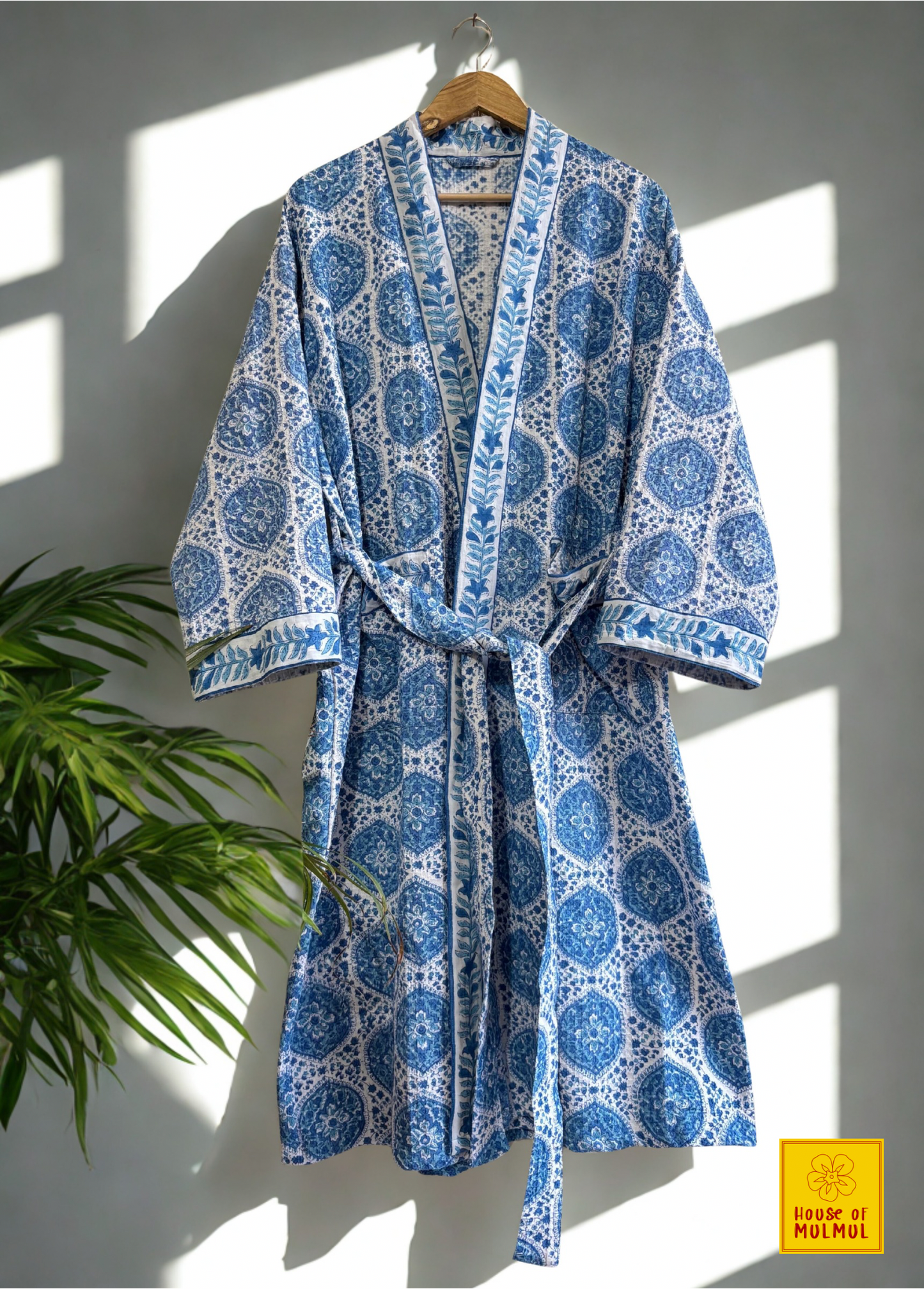 Blockprinted Waffle Weave Cotton Bath Robe (Mandala Slate)