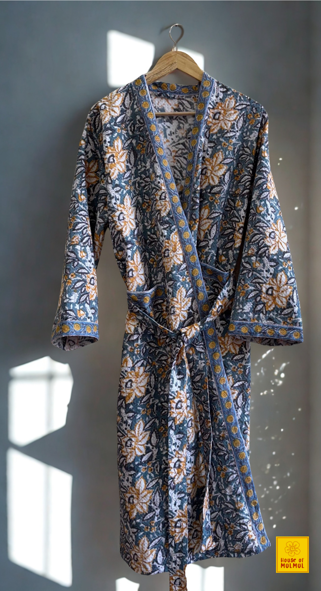 Blockprinted Waffle Weave Cotton Bath Robe (Honeyed Indigo)