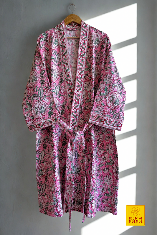 Blockprinted Waffle Weave Cotton Bath Robe (Pink Blush Botanica)