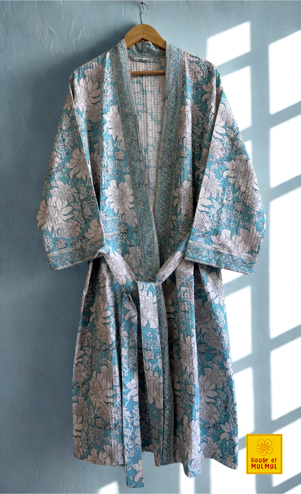 Blockprinted Waffle Weave Cotton Bath Robe (Coastal Blue)