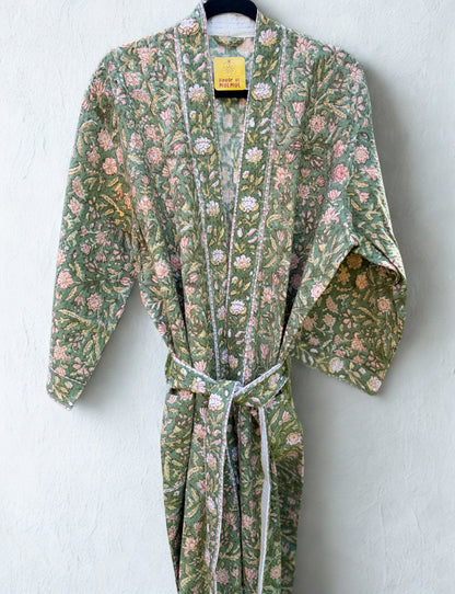 House of Mulmul - Blockprinted Cotton Bathrobe. Floral patterned robe on a white background