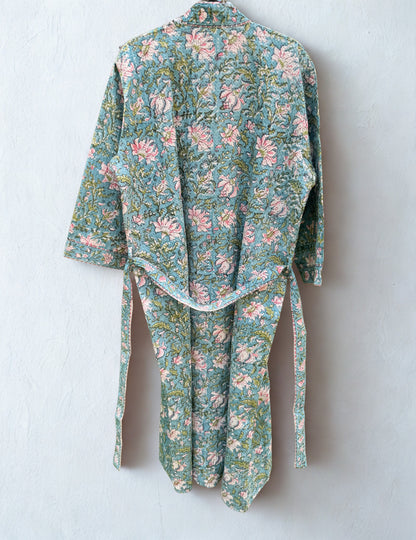 House of Mulmul - Blockprinted Cotton Bathrobe. Floral patterned robe on a white background