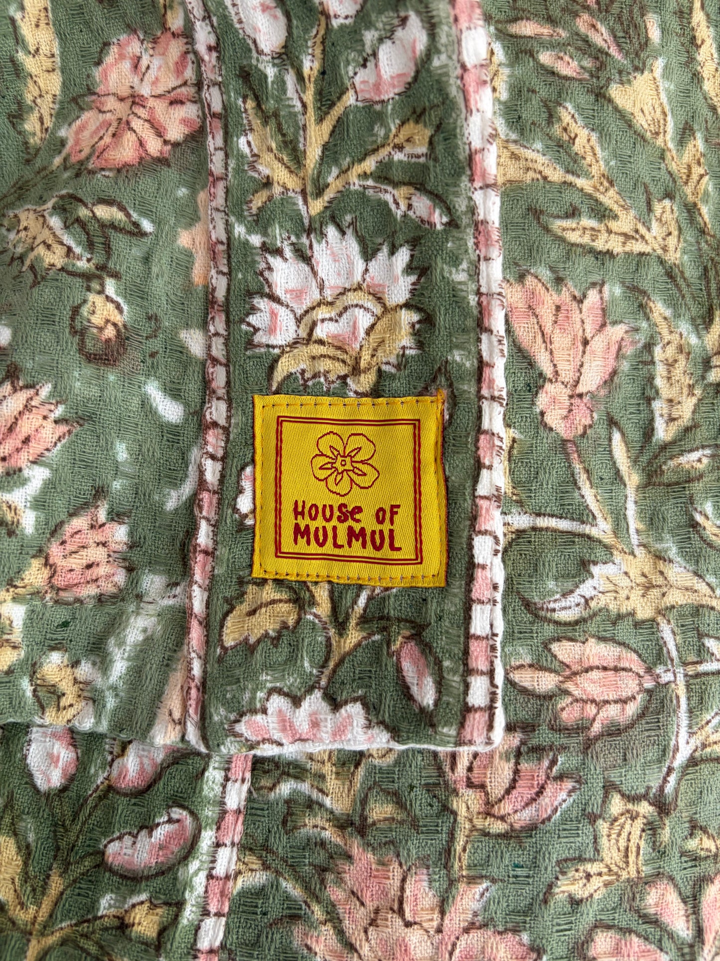 House of Mulmul - Blockprinted Cotton Bathrobe. Floral cotton robe with a 'House of Mulmul' label