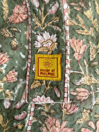 House of Mulmul - Blockprinted Cotton Bathrobe. Floral cotton robe with a 'House of Mulmul' label