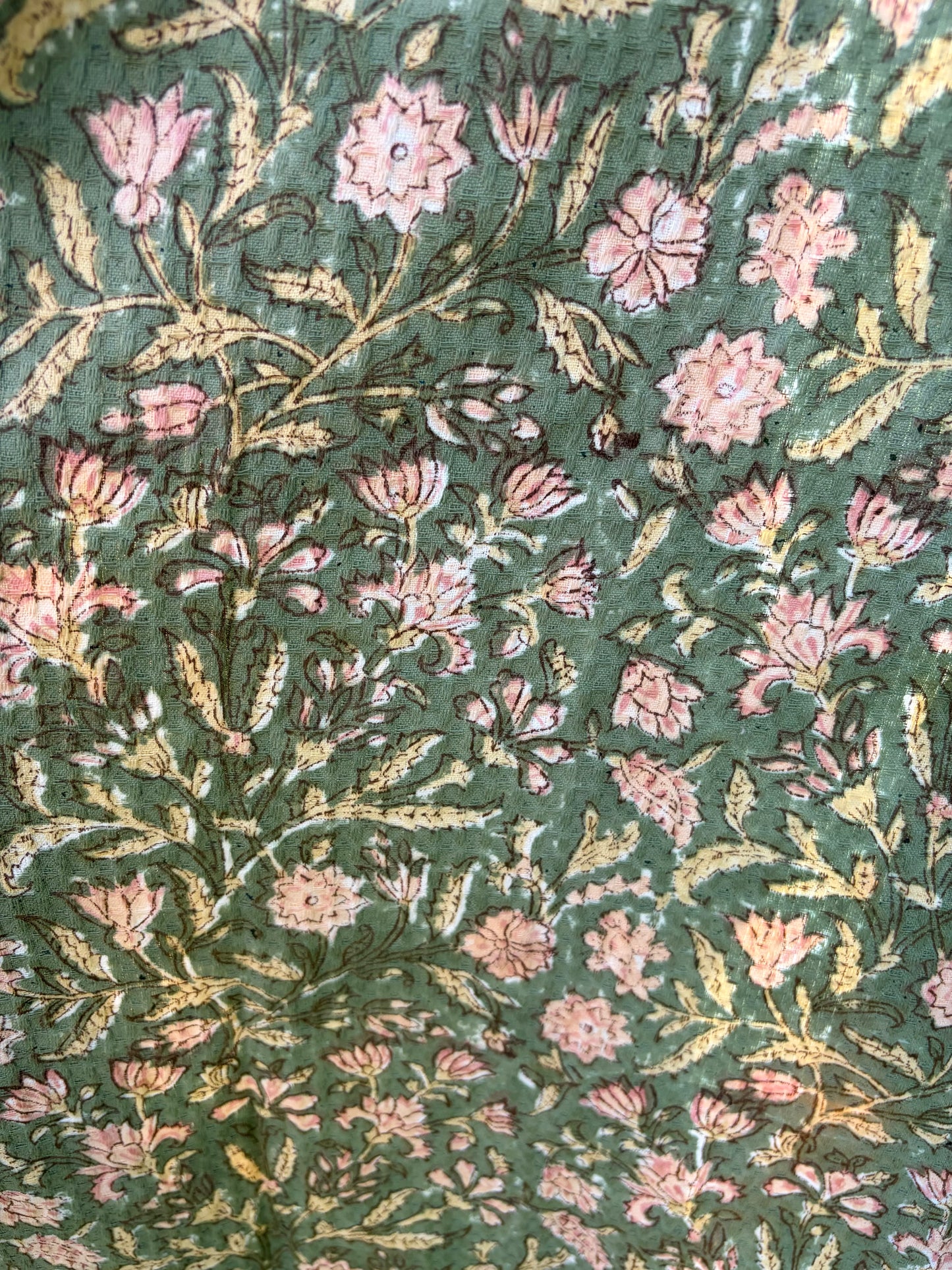 House of Mulmul - Blockprinted Cotton Bathrobe. Floral patterned bathrobe with pink flowers on a green background