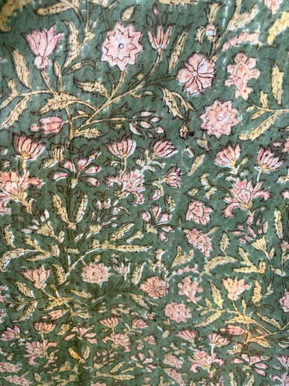 House of Mulmul - Blockprinted Cotton Bathrobe. Floral patterned bathrobe with pink flowers on a green background