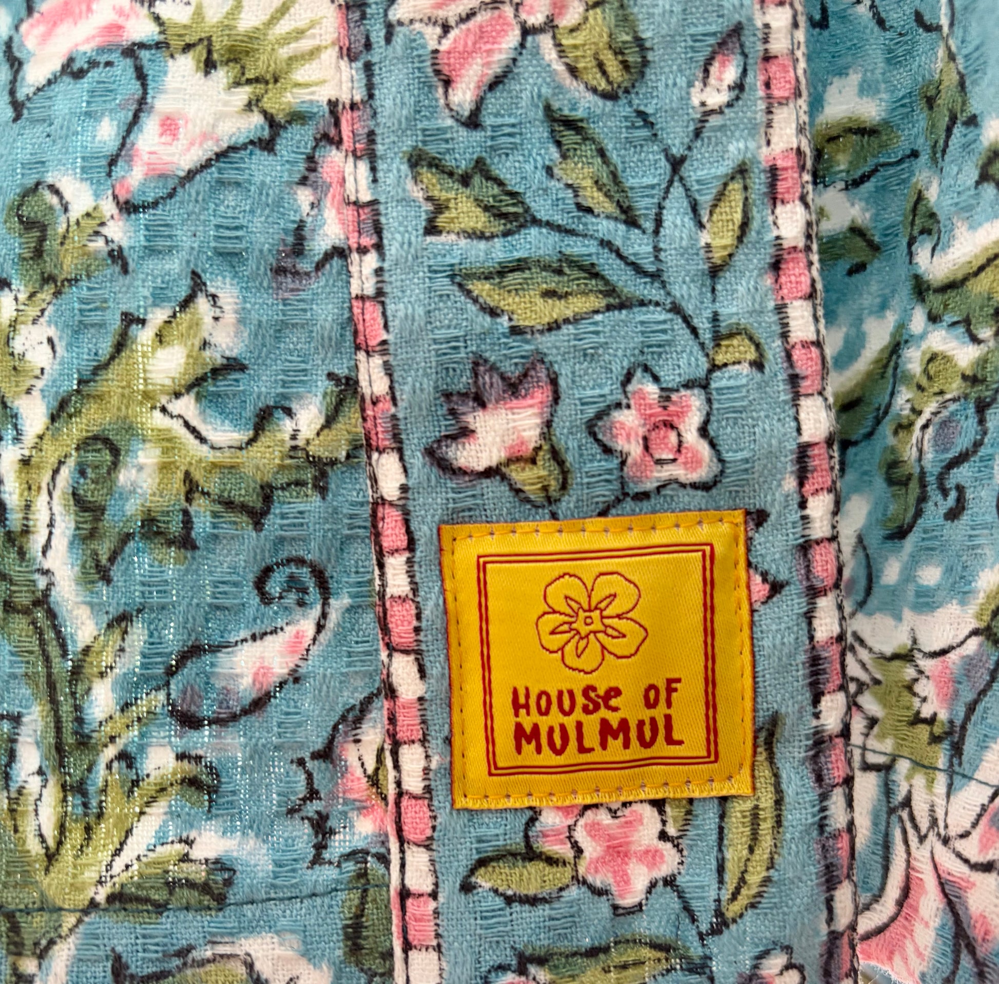 House of Mulmul - Blockprinted Cotton Bathrobe. Floral cotton robe with a 'House of Mulmul' label