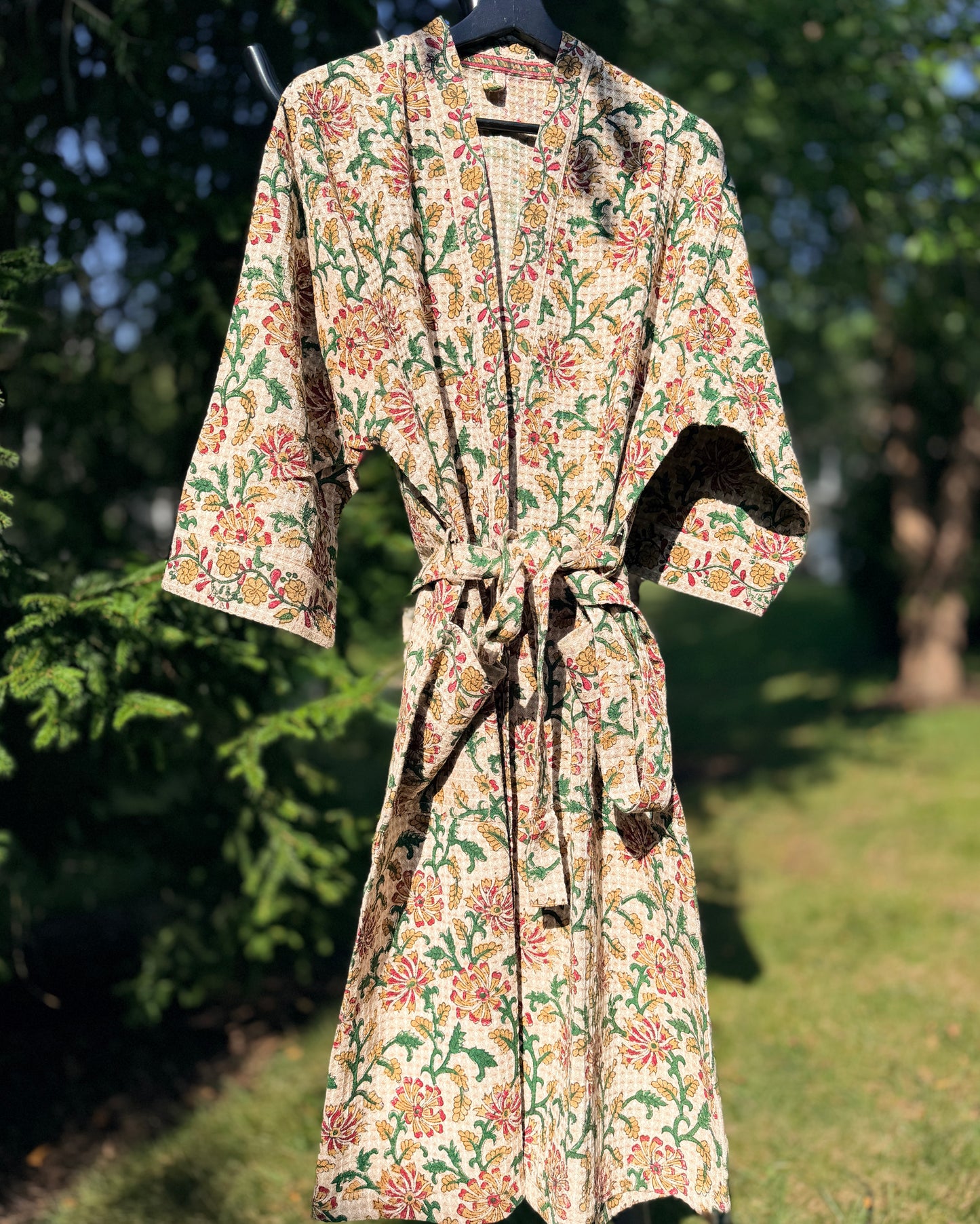 House of Mulmul - Blockprinted Cotton Bathrobe. Light Brown, Green, Red. Autumn Fall Winter. Indian print cotton bathrobe. Floral Bathrobe.