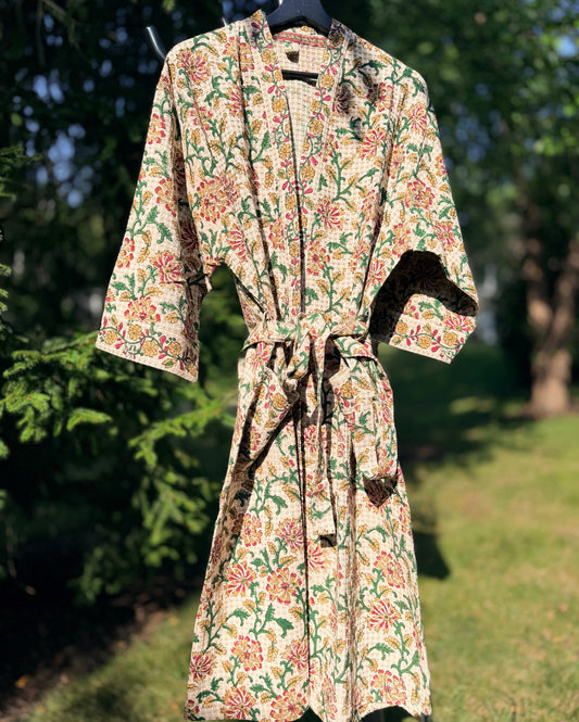 House of Mulmul - Blockprinted Cotton Bathrobe. Light Brown, Green, Red. Autumn Fall Winter. Indian print cotton bathrobe. Floral Bathrobe.
