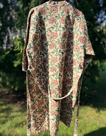 House of Mulmul - Blockprinted Cotton Bathrobe. Light Brown, Green, Red. Autumn Fall Winter. Indian print cotton bathrobe. Floral Bathrobe.