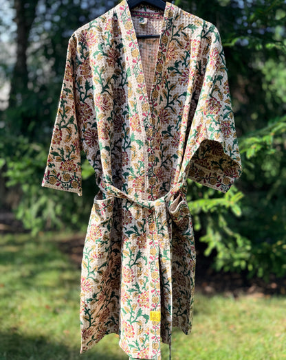 House of Mulmul - Blockprinted Cotton Bathrobe. Light Brown, Green, Red. Autumn Fall Winter. Indian print cotton bathrobe. Floral Bathrobe.