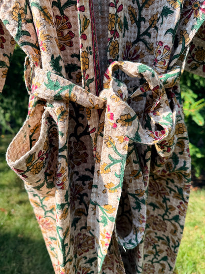 House of Mulmul - Blockprinted Cotton Bathrobe. Light Brown, Green, Red. Autumn Fall Winter. Indian print cotton bathrobe. Floral Bathrobe.