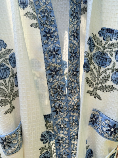 House of Mulmul - Blockprinted Cotton Bathrobe. Blue Violet Indigo White. Indian print cotton bathrobe. Floral Bathrobe.