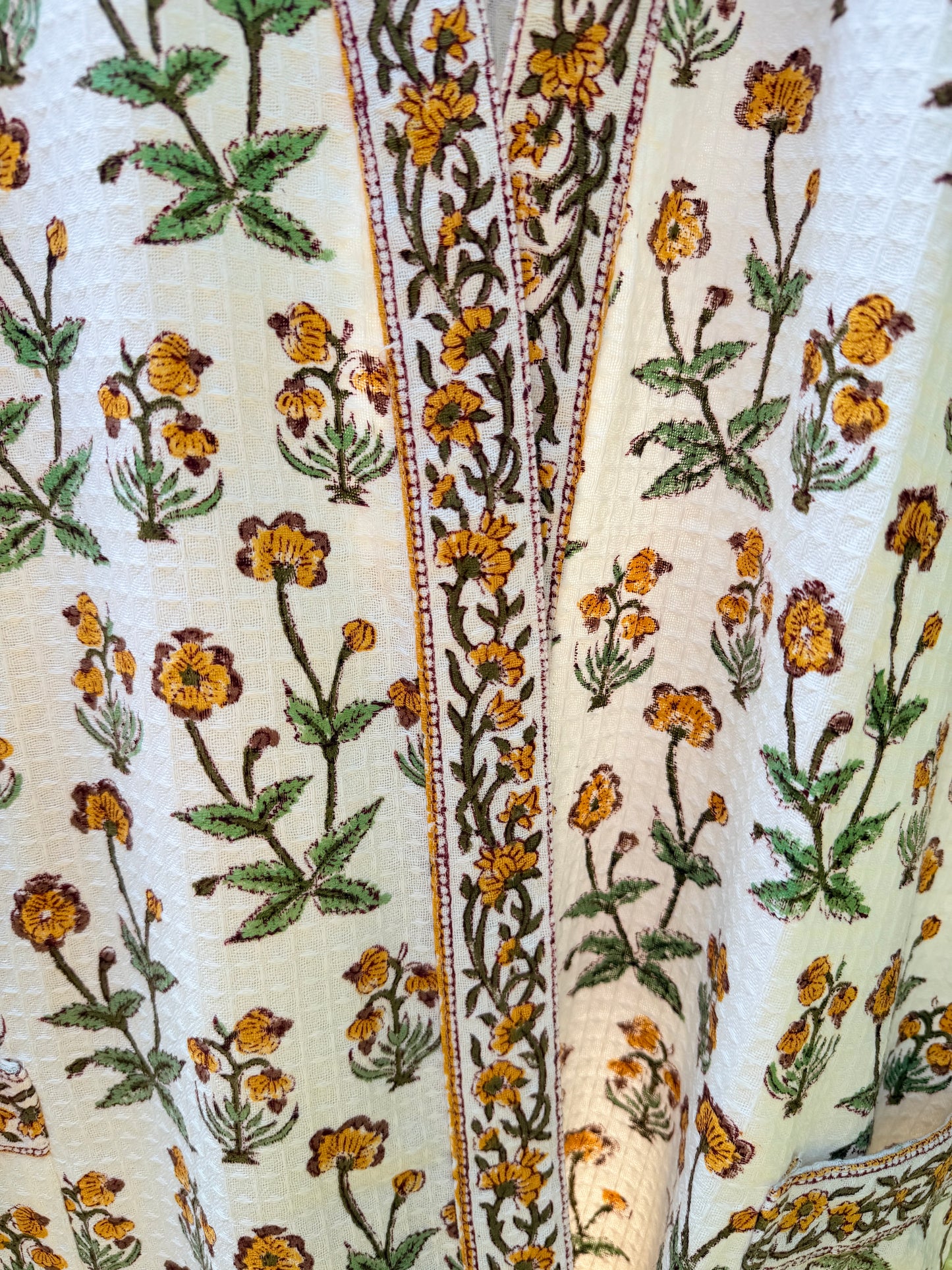 House of Mulmul - Blockprinted Cotton Bathrobe. Yellow Green White. Indian print cotton robe. Floral bathrobe.