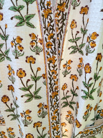 House of Mulmul - Blockprinted Cotton Bathrobe. Yellow Green White. Indian print cotton robe. Floral bathrobe.