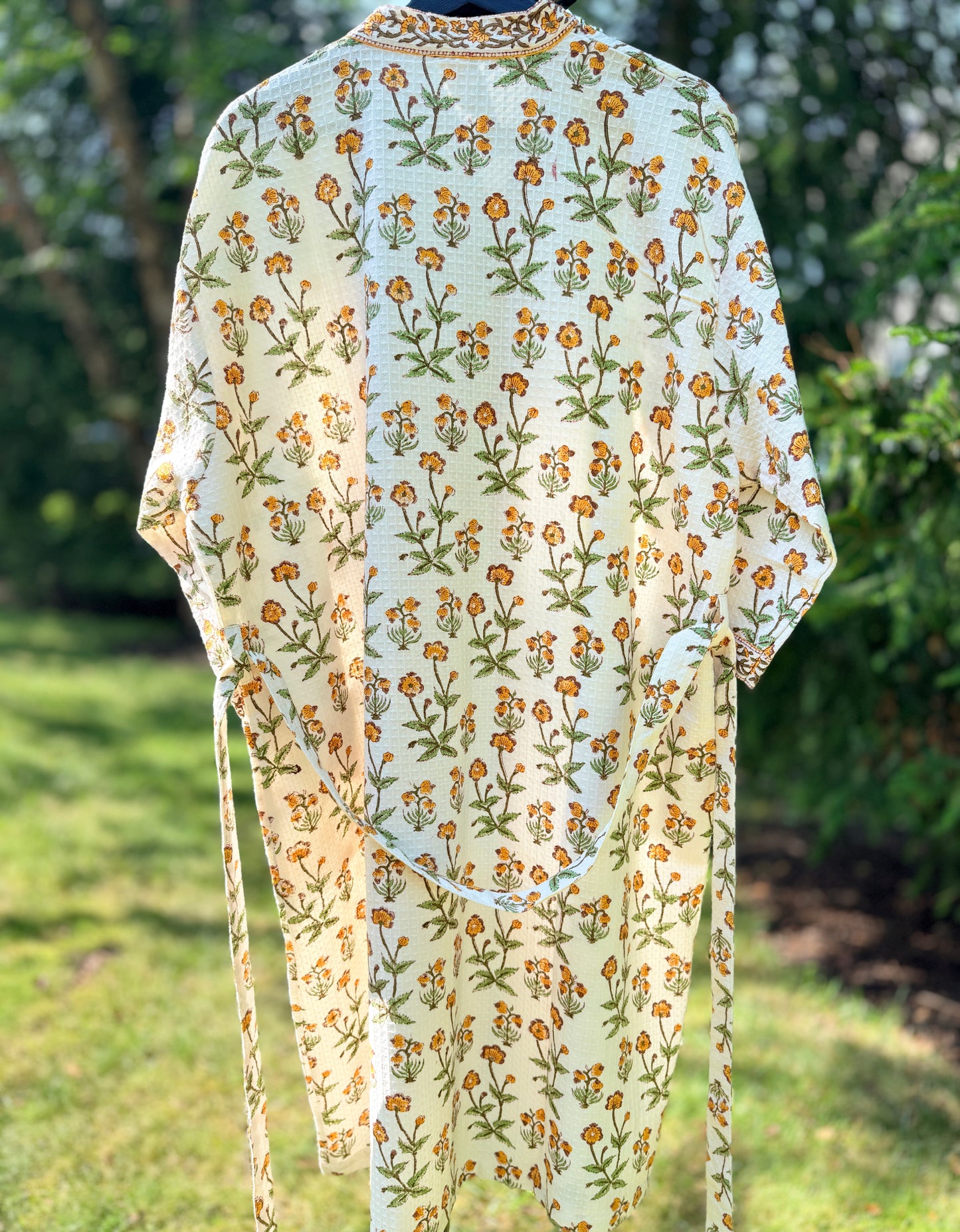House of Mulmul - Blockprinted Cotton Bathrobe. Yellow Green White. Indian print cotton robe. Floral bathrobe.