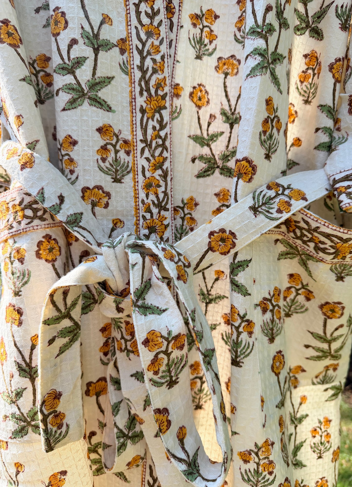House of Mulmul - Blockprinted Cotton Bathrobe. Yellow Green White. Indian print cotton robe. Floral bathrobe.