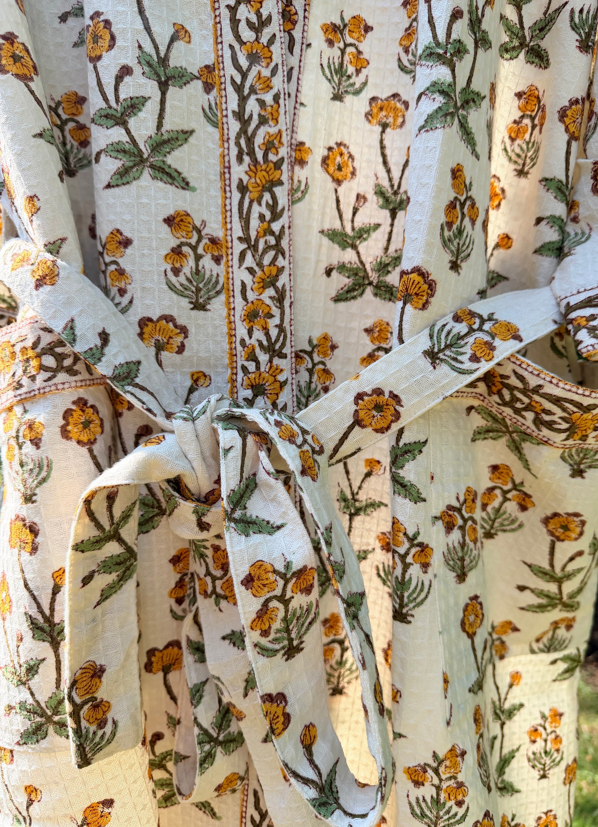 House of Mulmul - Blockprinted Cotton Bathrobe. Yellow Green White. Indian print cotton robe. Floral bathrobe.