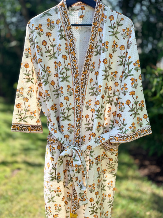 House of Mulmul - Blockprinted Cotton Bathrobe. Yellow Green White. Indian print cotton robe. Floral bathrobe.