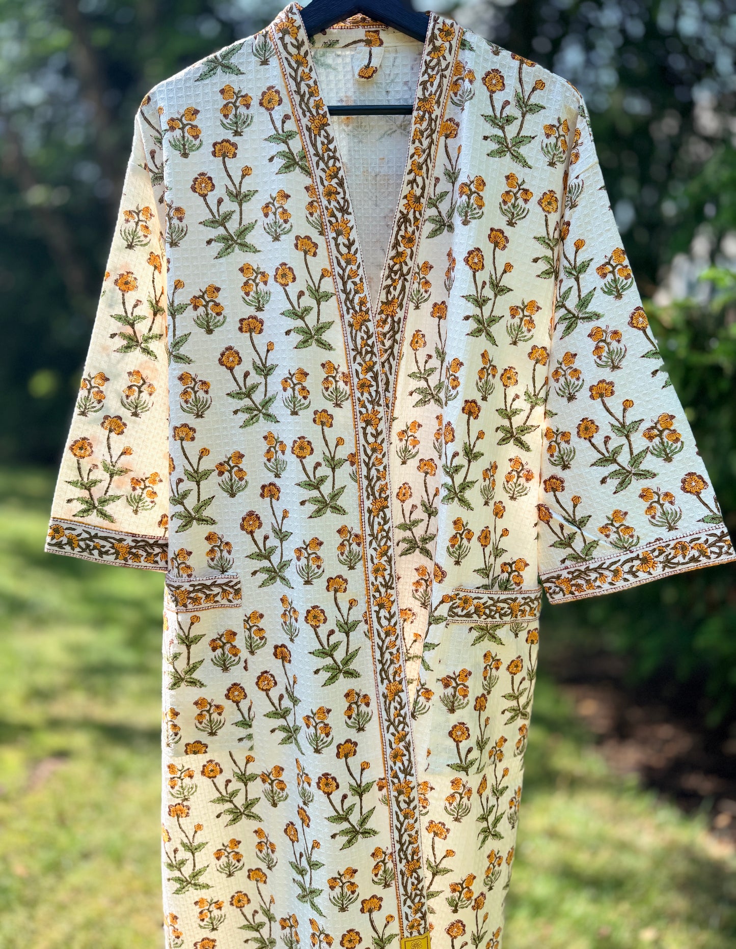 House of Mulmul - Blockprinted Cotton Bathrobe. Yellow Green White. Indian print cotton robe. Floral bathrobe.
