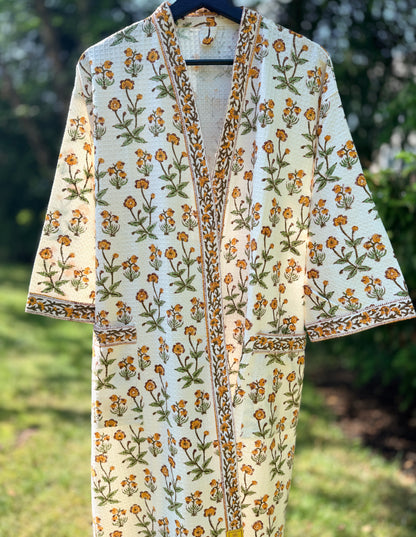 House of Mulmul - Blockprinted Cotton Bathrobe. Yellow Green White. Indian print cotton robe. Floral bathrobe.